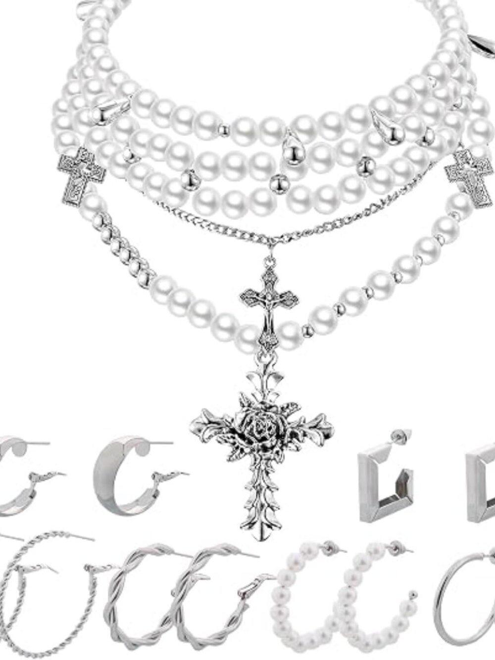 9 Piece Layered Pearl Cross Necklace Choker and Hoop Earrings Jewelry Set - Picture 7 of 7